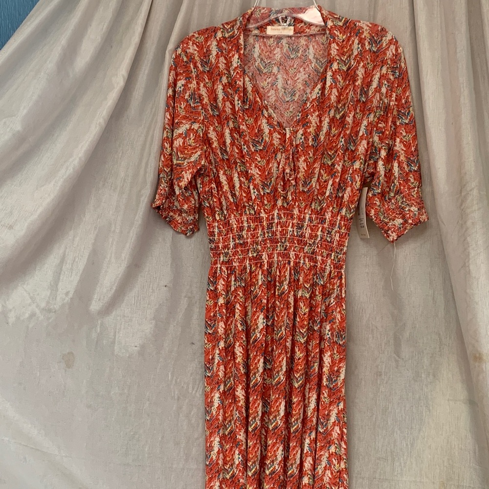 Rust Printed V-Neck Midi Dress with Smocked Waist